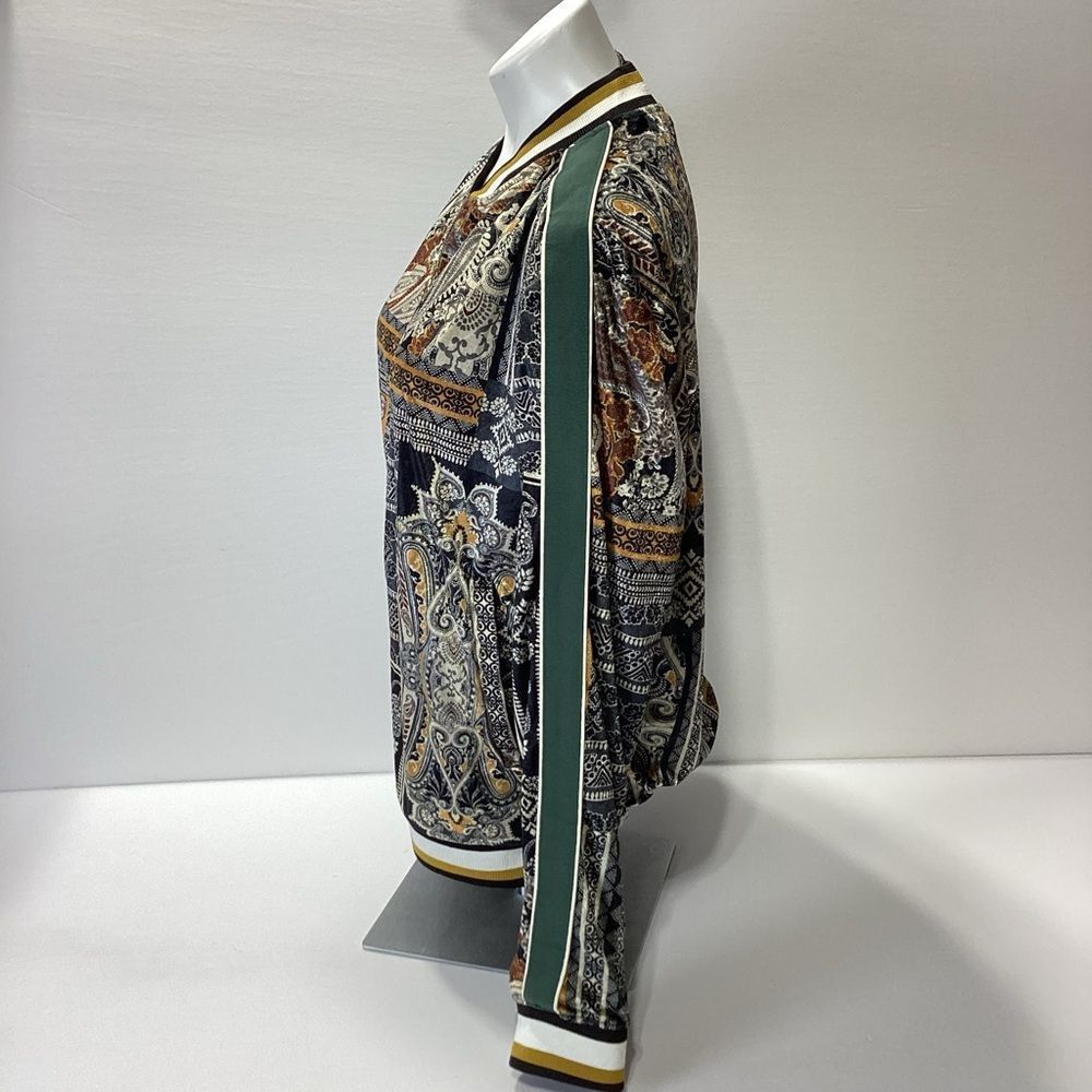 Zara Velour Bomber Track Jacket Size L Green Gold Paisley Stripe Velvet 80s - Picture 2 of 11